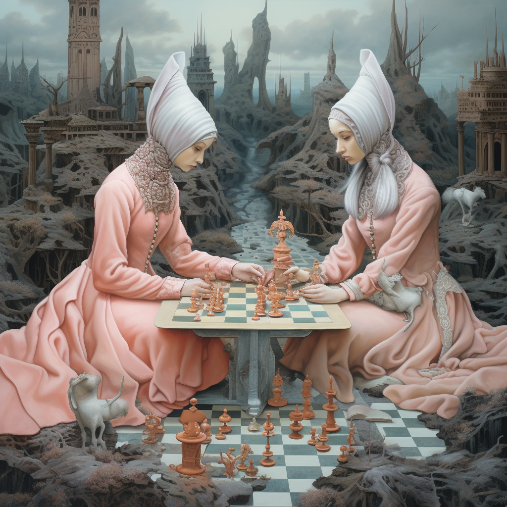 Two women playing chess in a foggy landscape