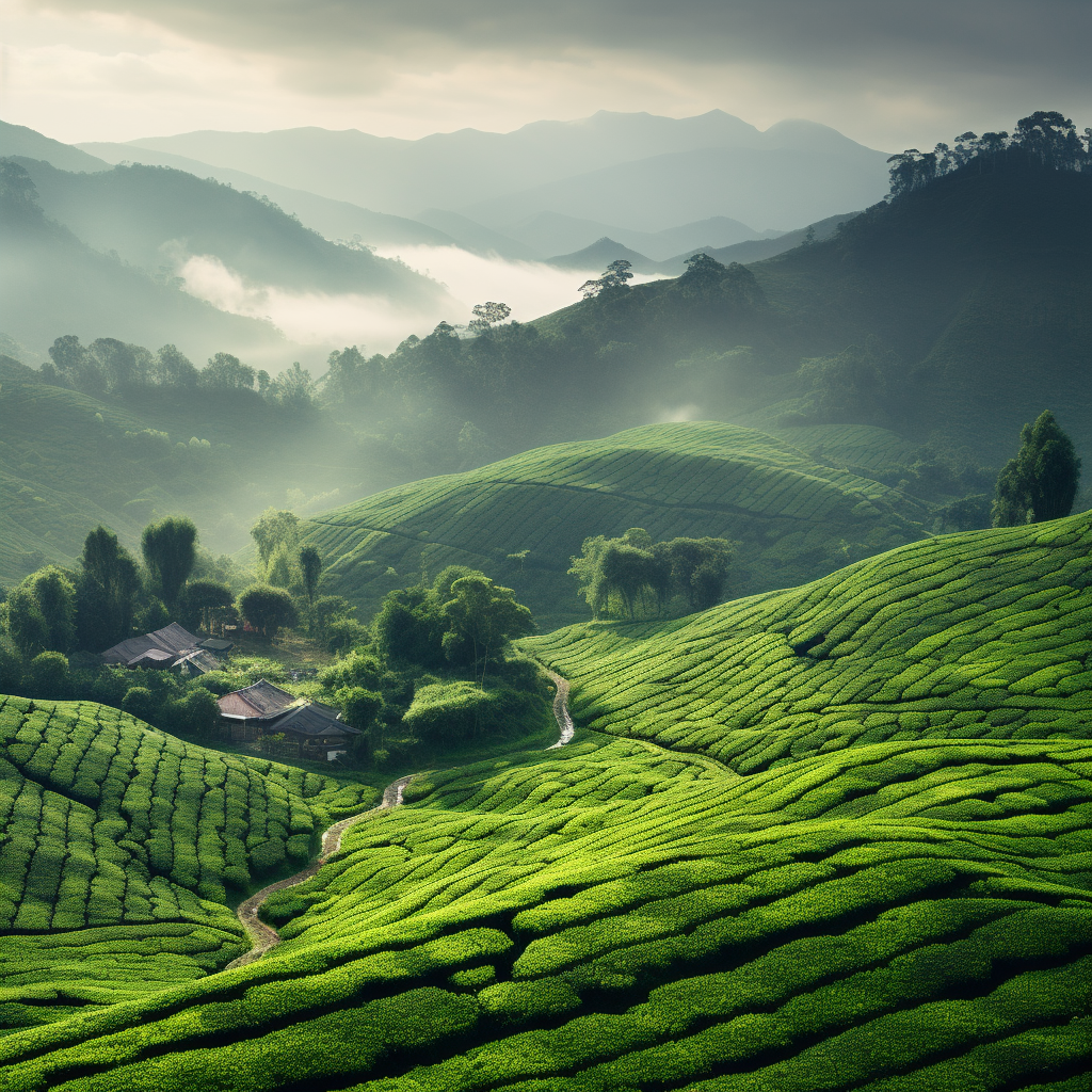 Scenic foggy tea plantation in the mountains