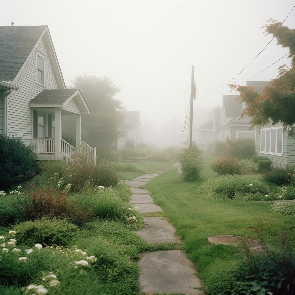 Vintage neighborhood covered in fog