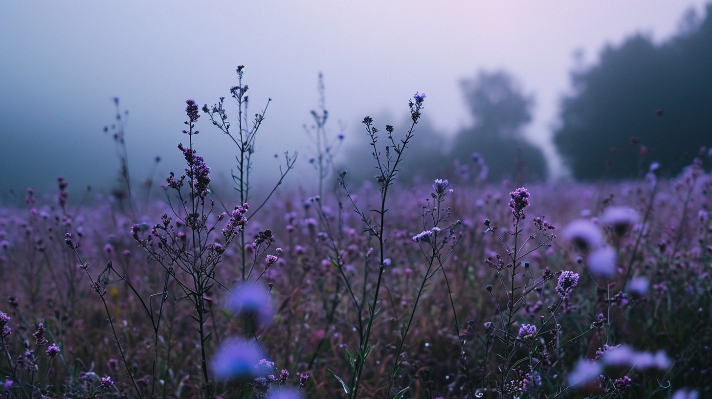 Foggy purple flowers in a field