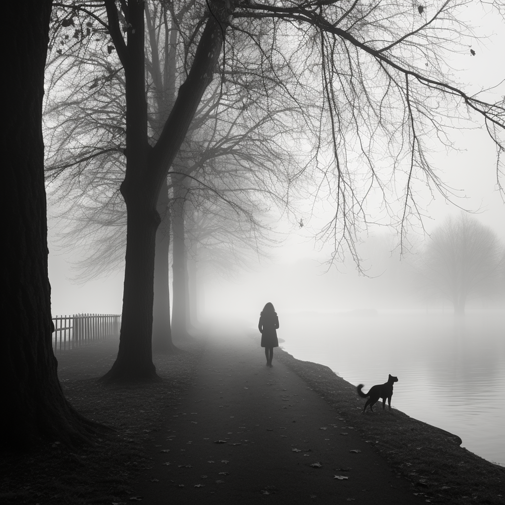 Lady walking her dog by the lake