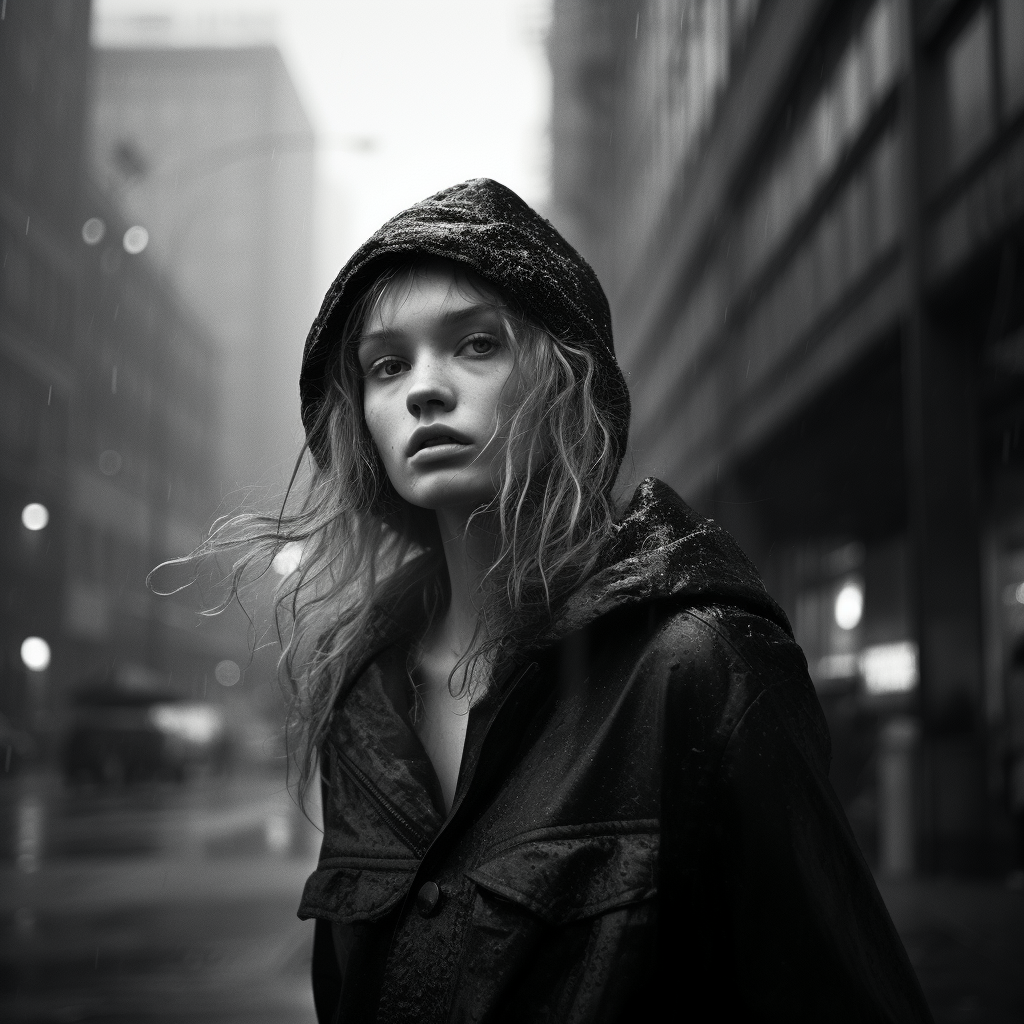 Girl looking up in foggy street scene