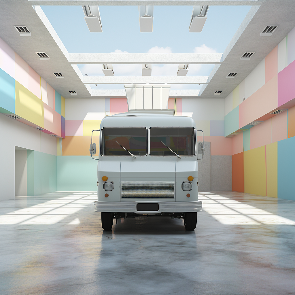 Abstract folded paper ice cream truck in industrial setting