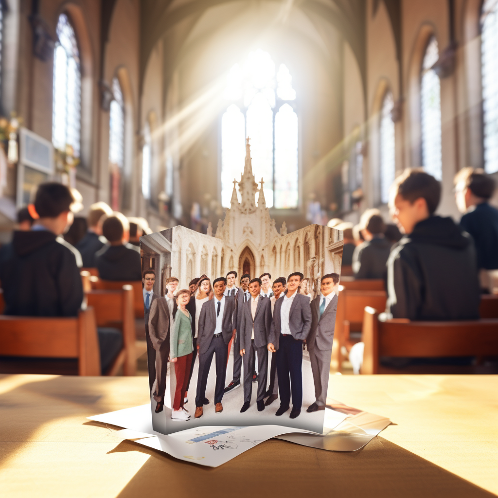 Teenage kids with folding card in church