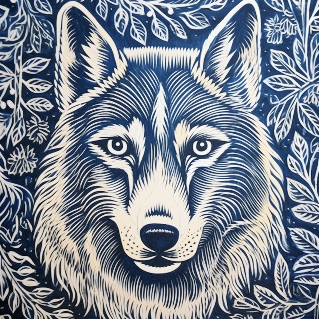 Folk Art Wolf Linocut Print