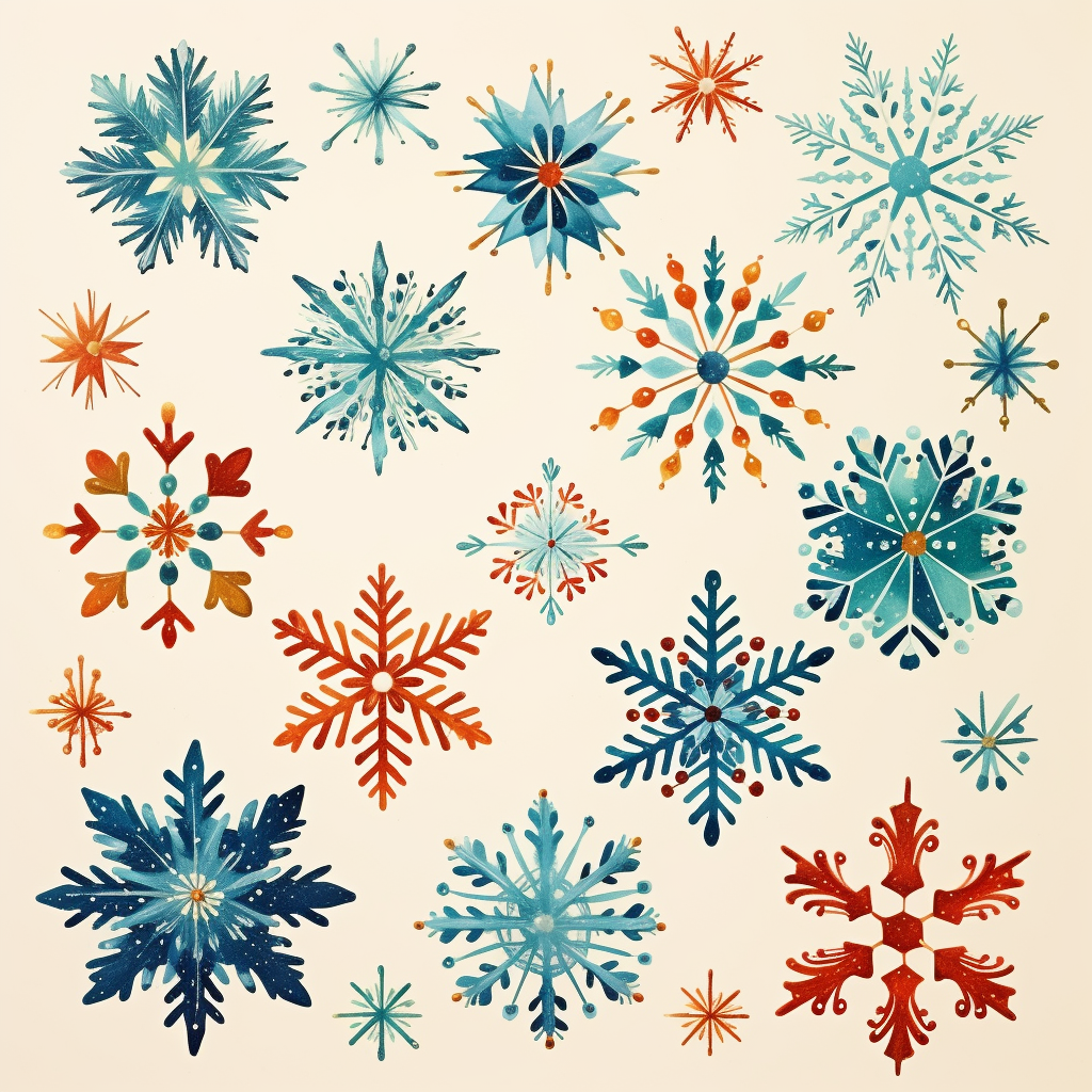 Festive hand-painted folk art Christmas snowflakes