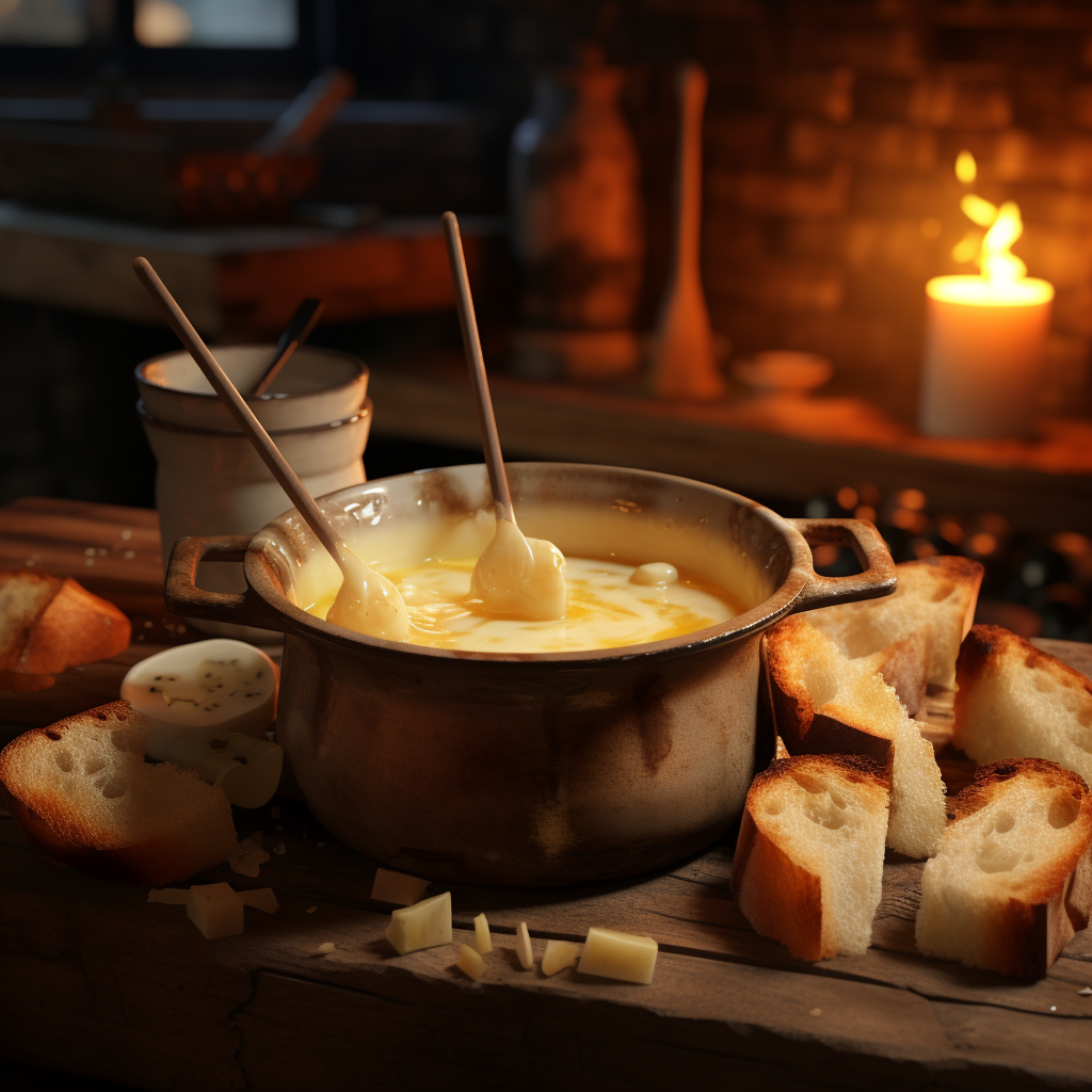 Pot of Fondue with Baguette Slices