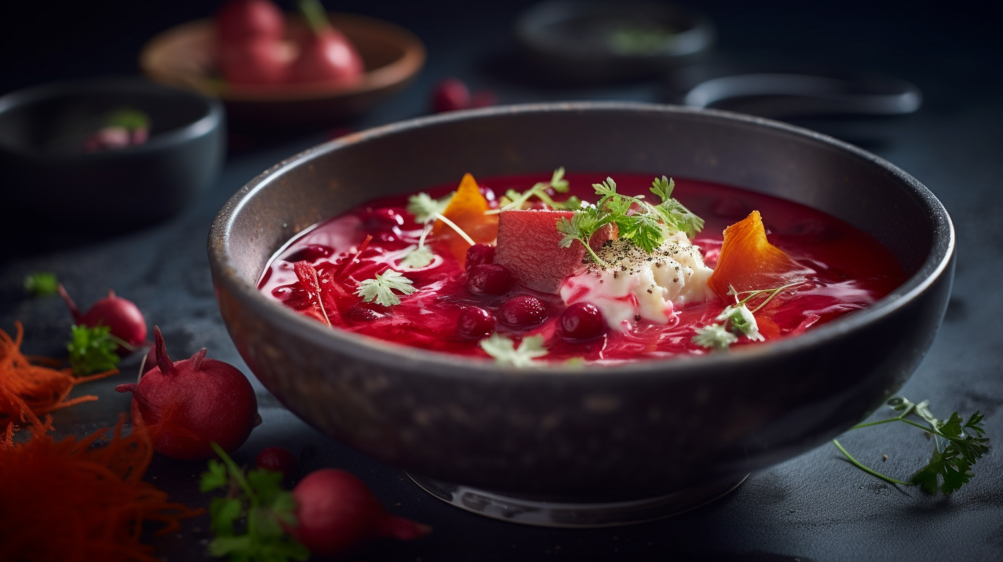 A luxurious Michelin kitchen with depth of field in food photography of Borscht