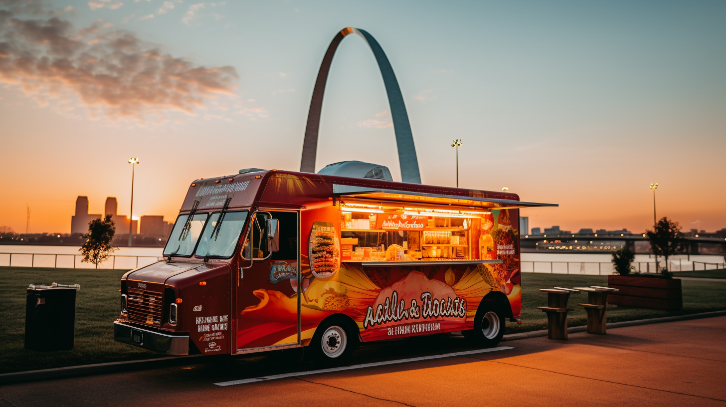 Branded food truck under St. Louis Arch