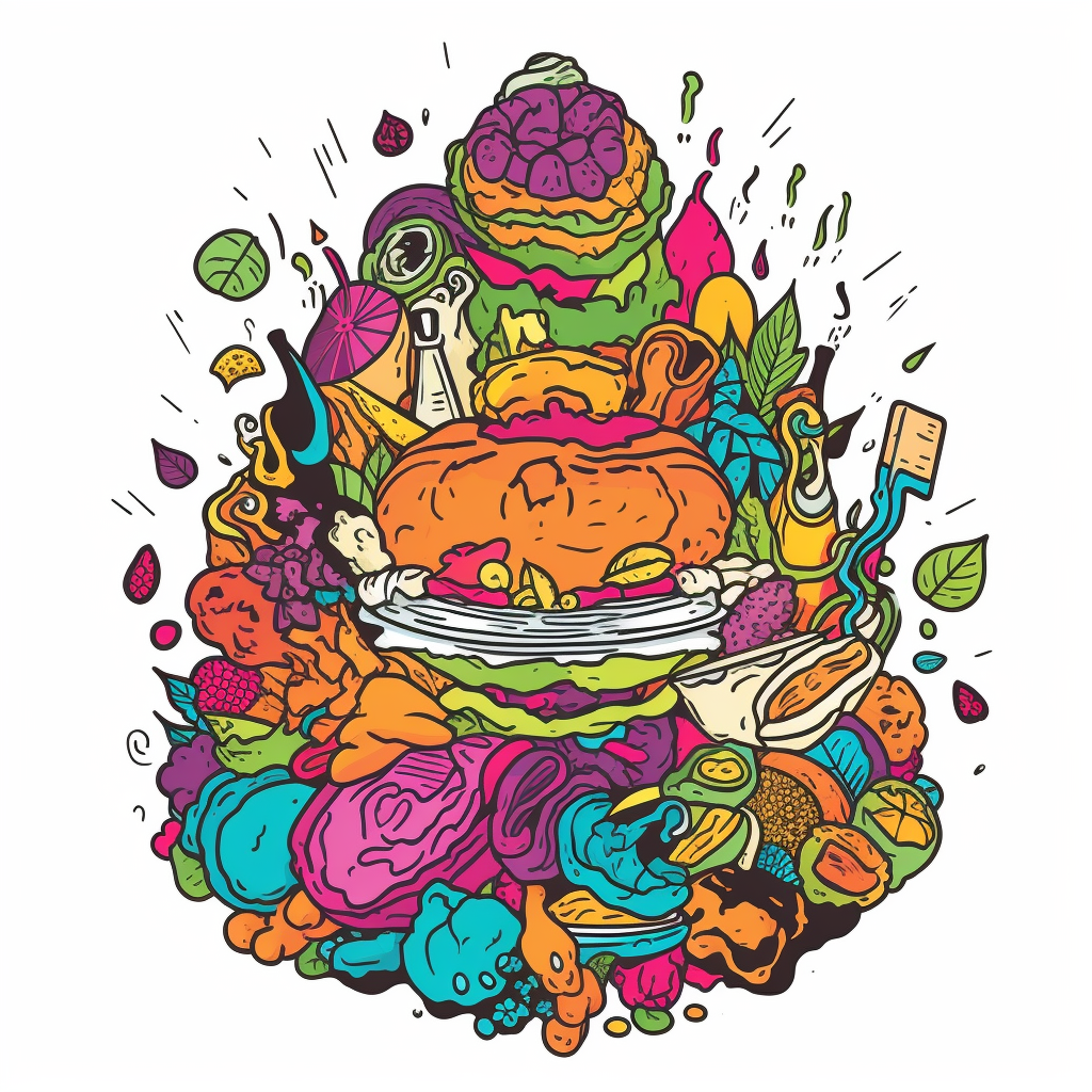 Psychedelic art depicting food waste awareness