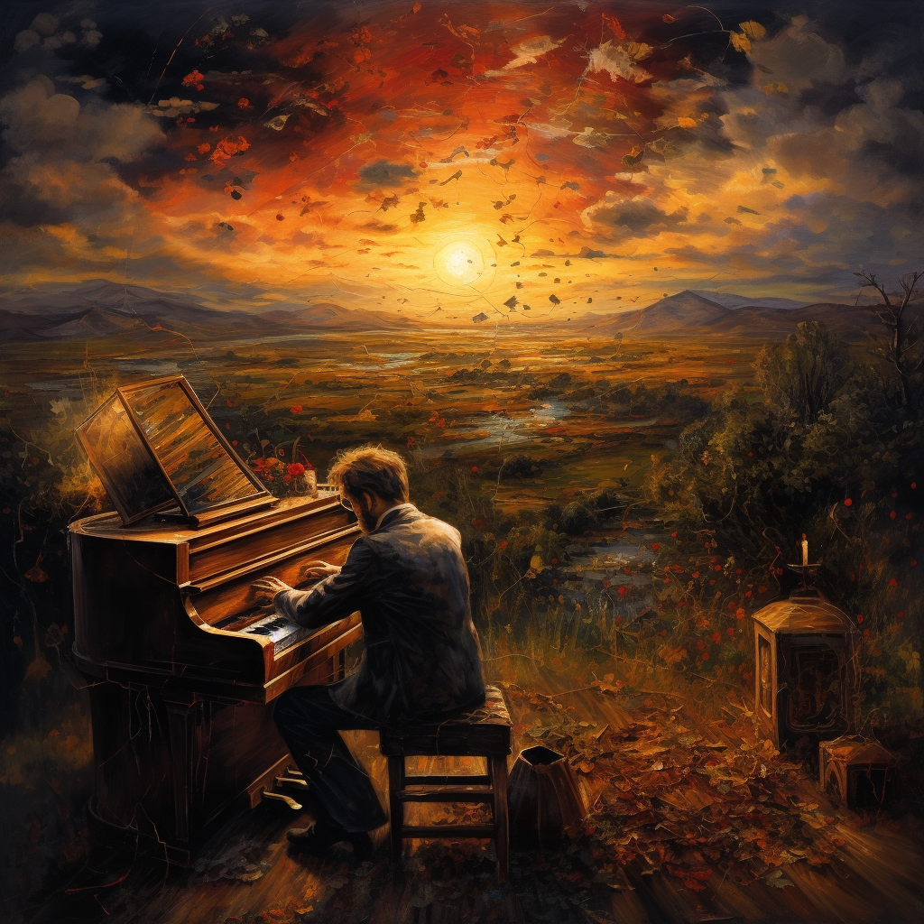 Fool on the Hill playing piano at sunset