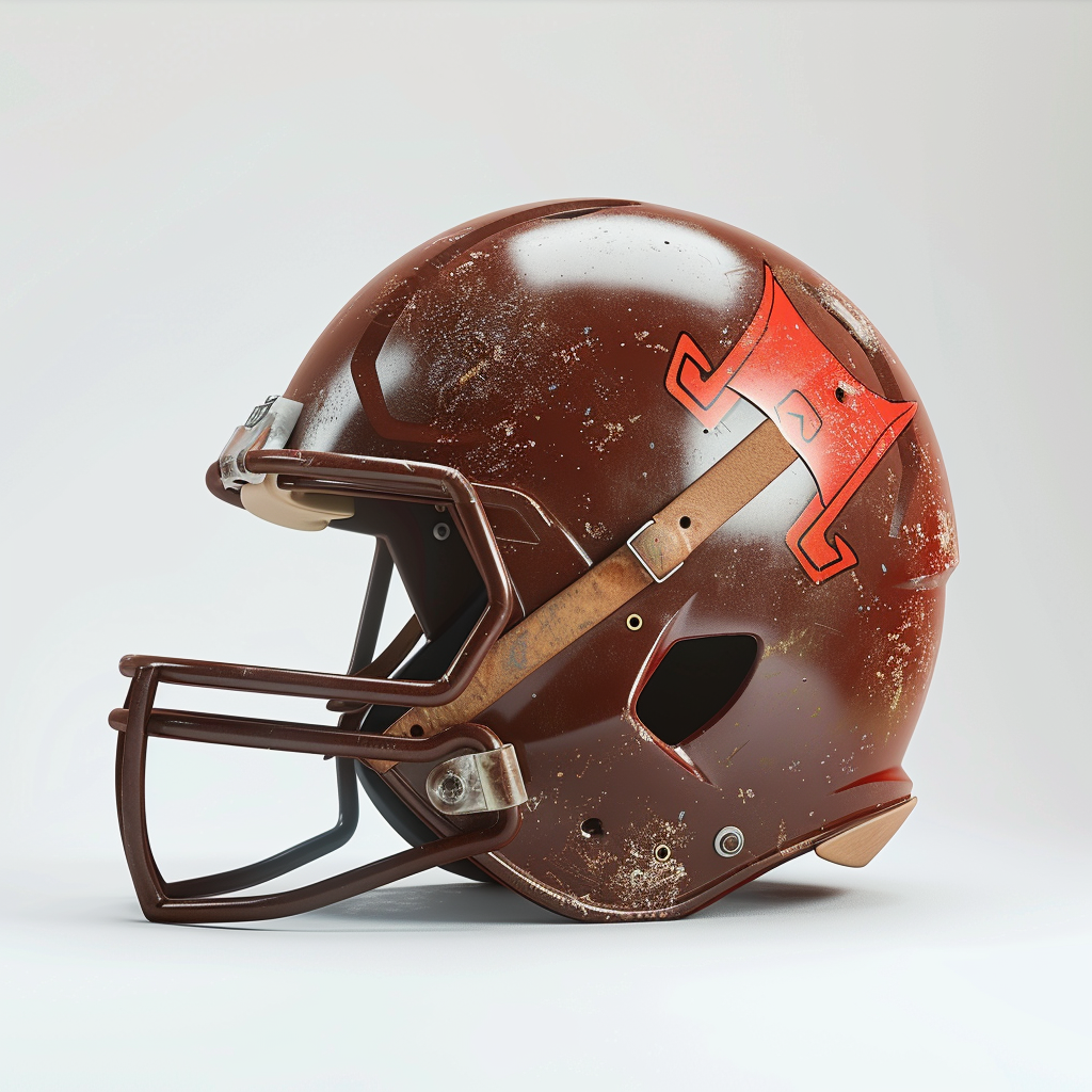 Brown football helmet with red axe logo