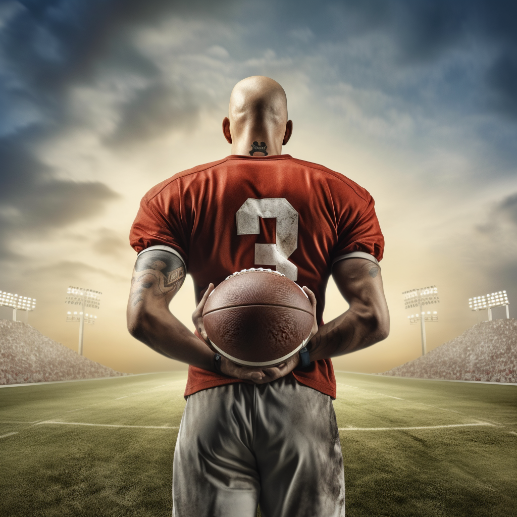 Football player with buzzcut hoisting football