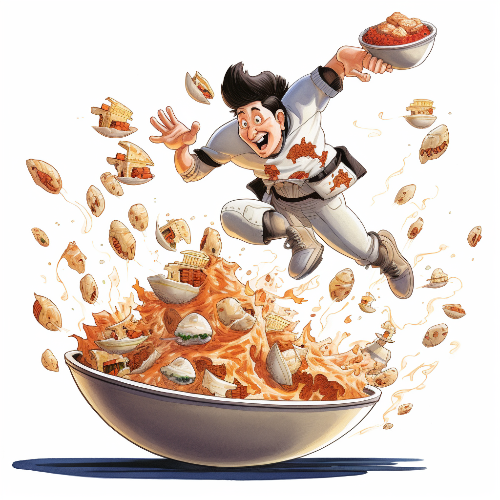 Cartoon football player leaping into dumplings