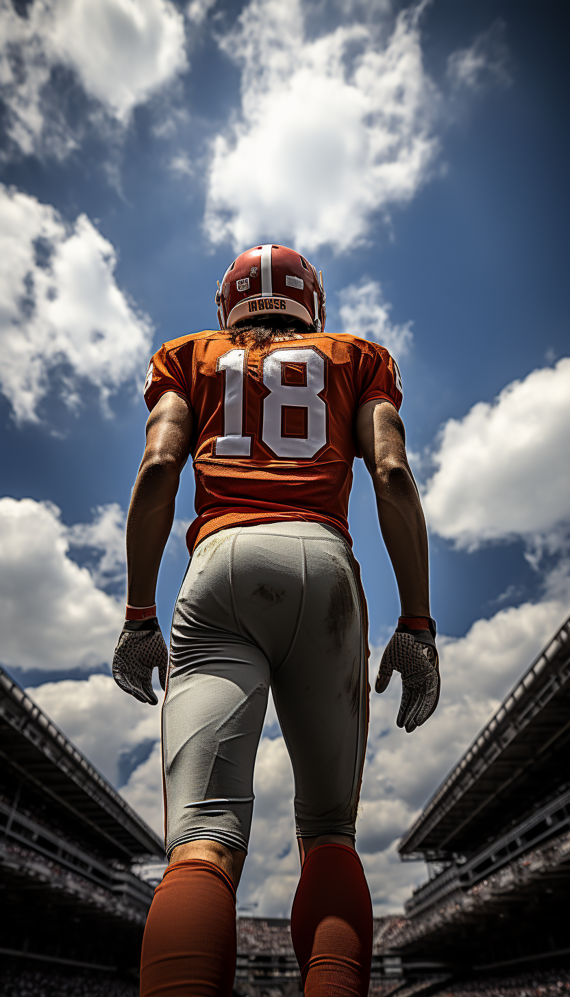 Rear view of high school football player