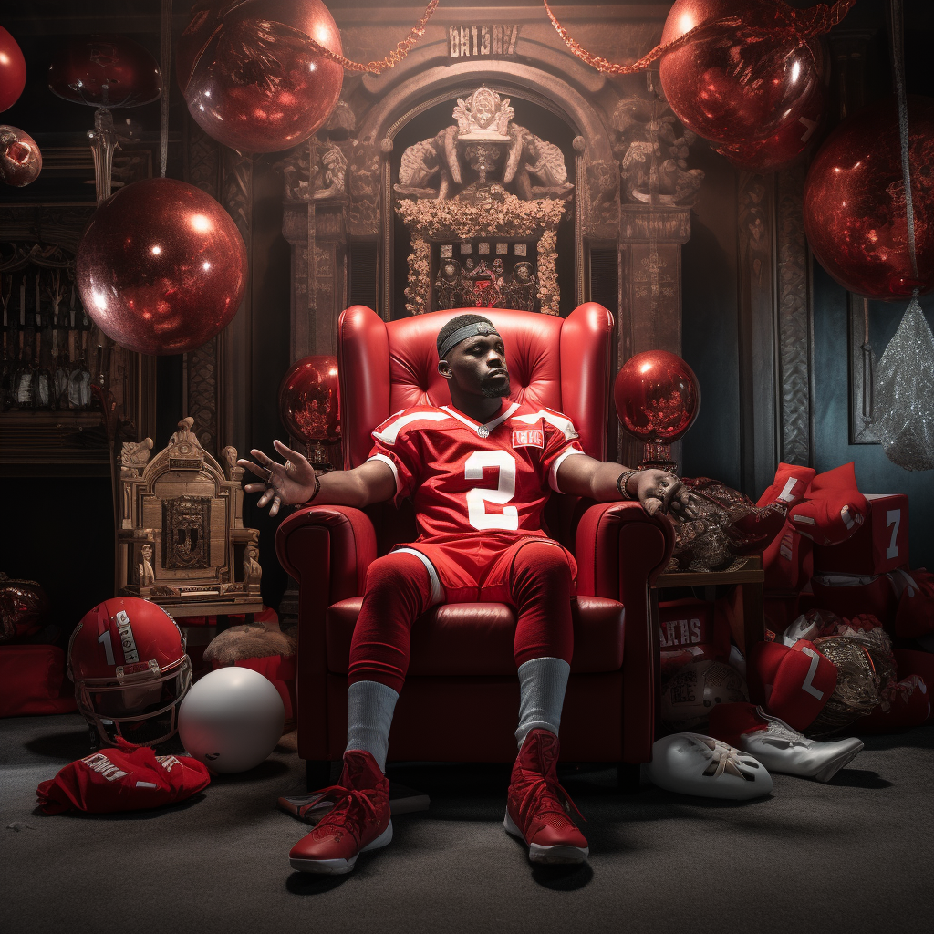 Football player in red jersey sitting on throne