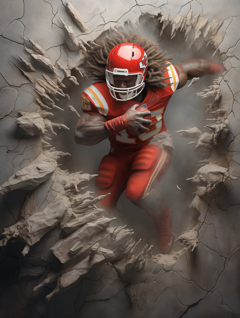 Football player busting wall with energy