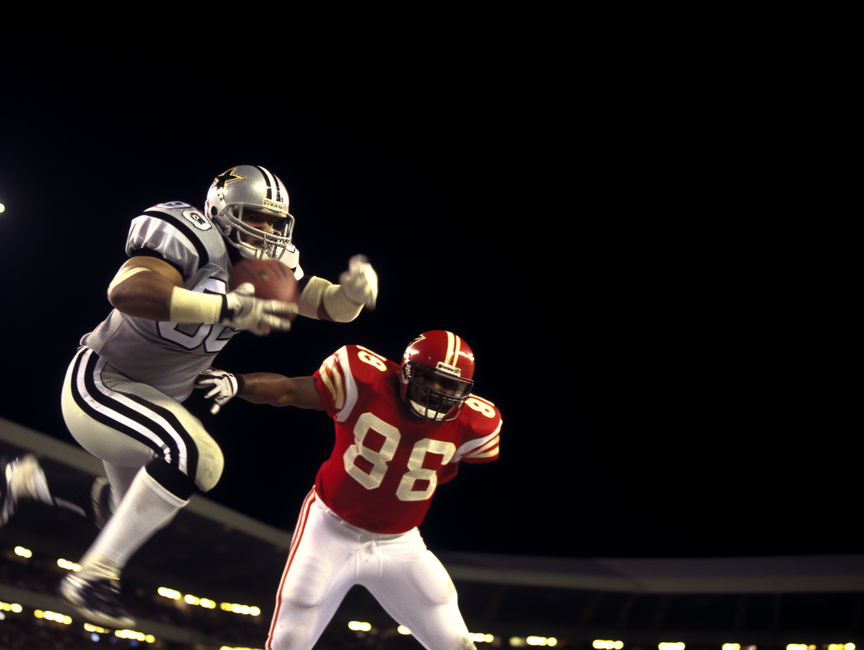 Football player tackles opponent in packed stadium