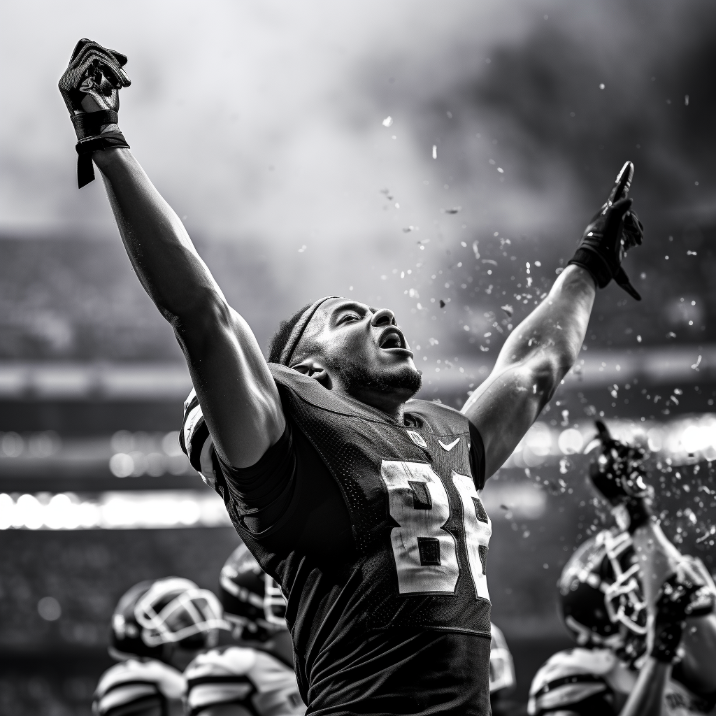 Football player celebrating win with hands in the air