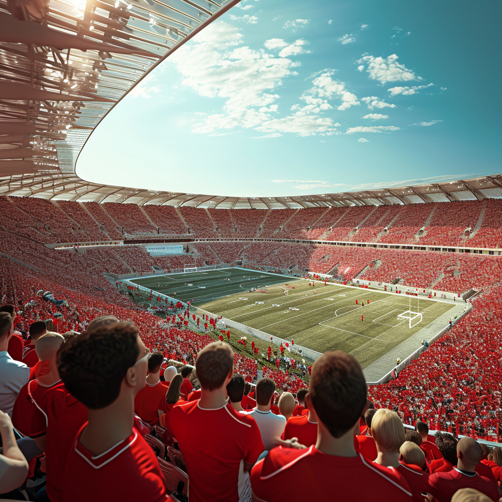 Football stadium with crowd in red and white attire