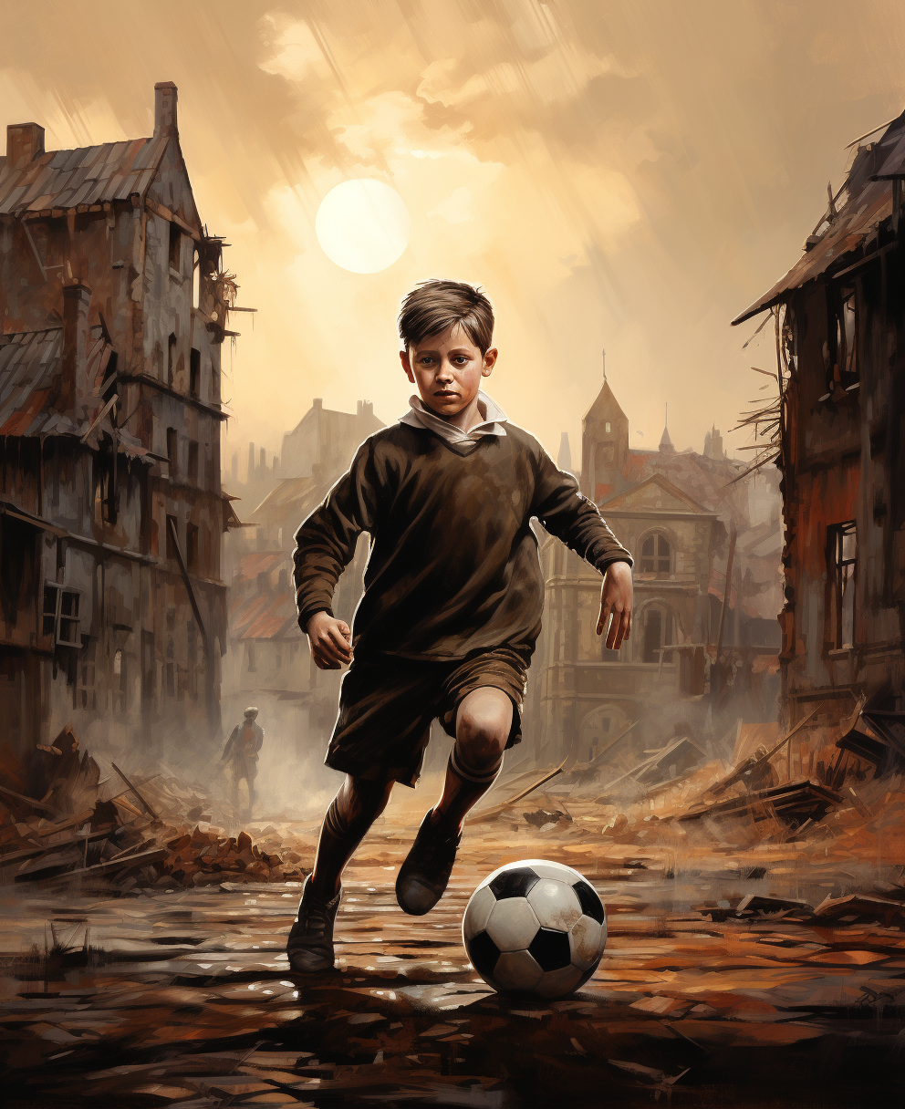 A boy kicks the football at sunset