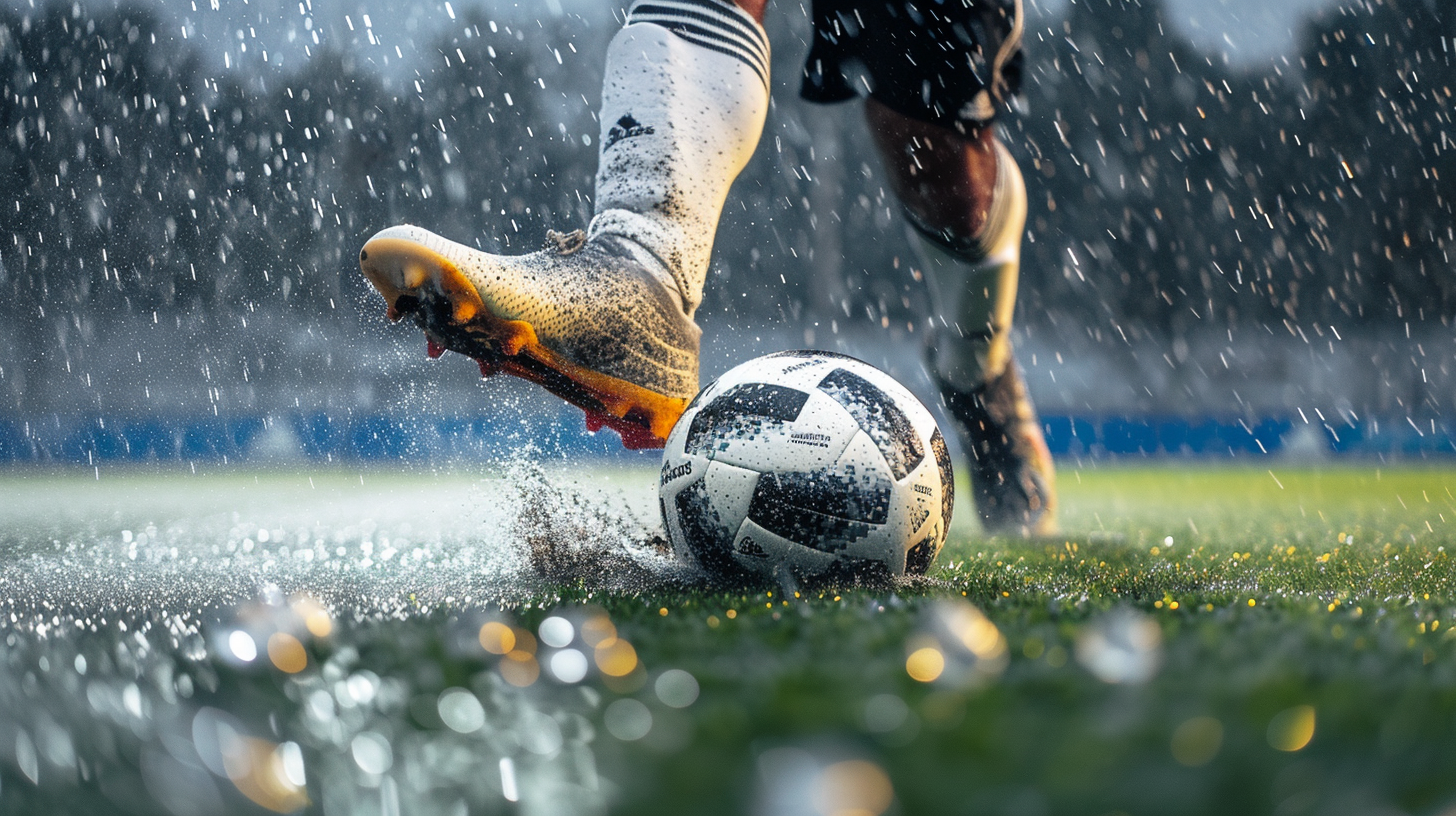 Adidas football boots kicking ball on rainy pitch