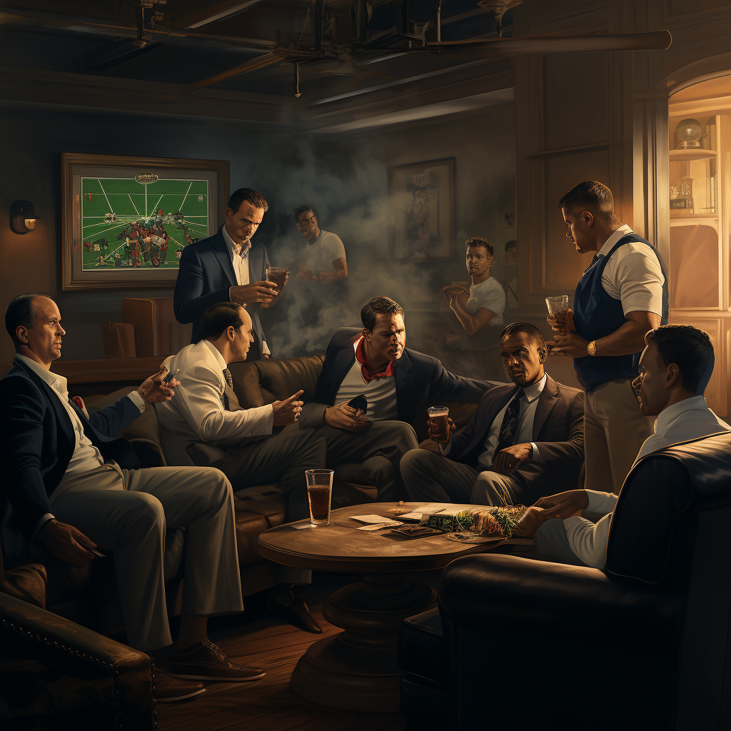 Football coaches in jazz lounge with moody lighting