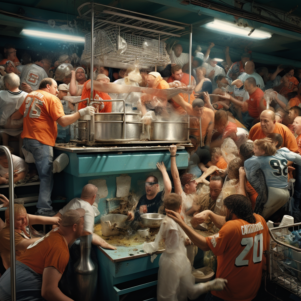 Football fans surrounding a dishwasher in stands