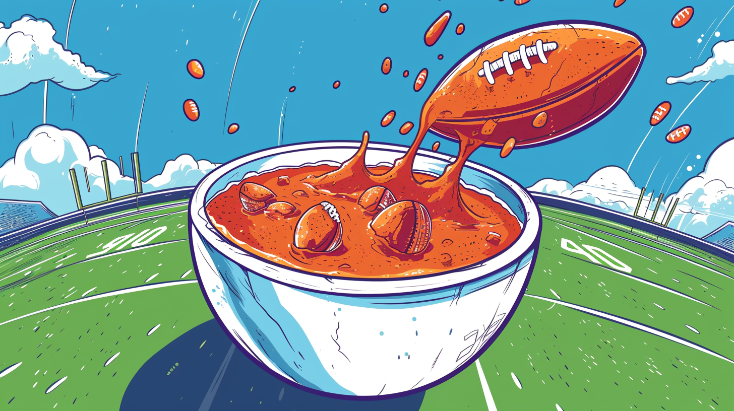 Cartoon football flying out of soup bowl