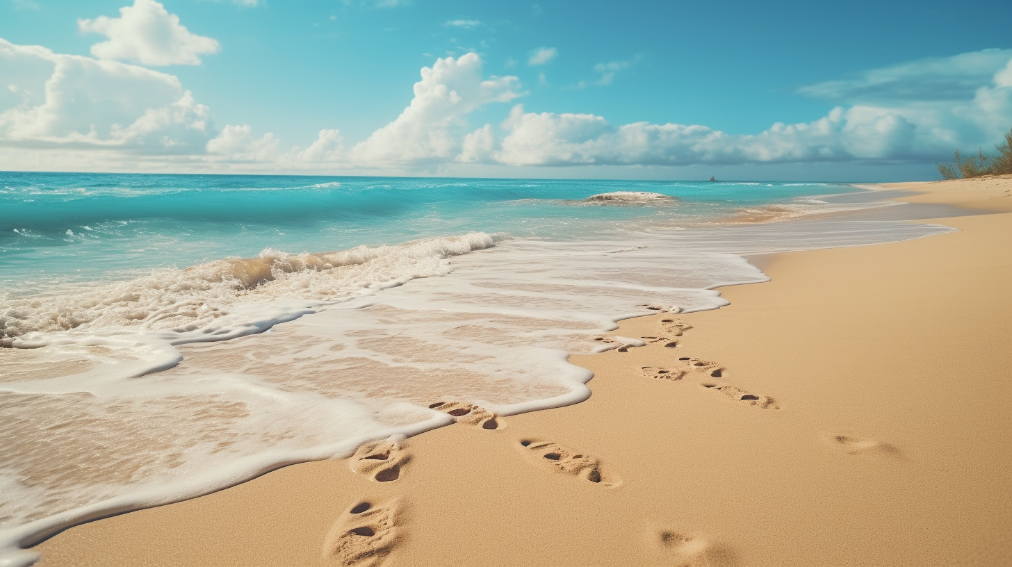 Footprints in Sand with Bright Blue Ocean and Sun