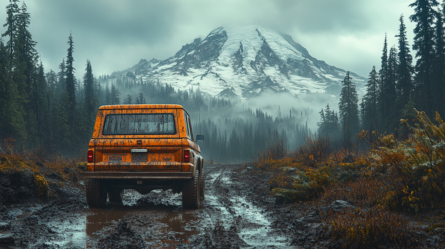 Ford Bronco on mountain with rainier background