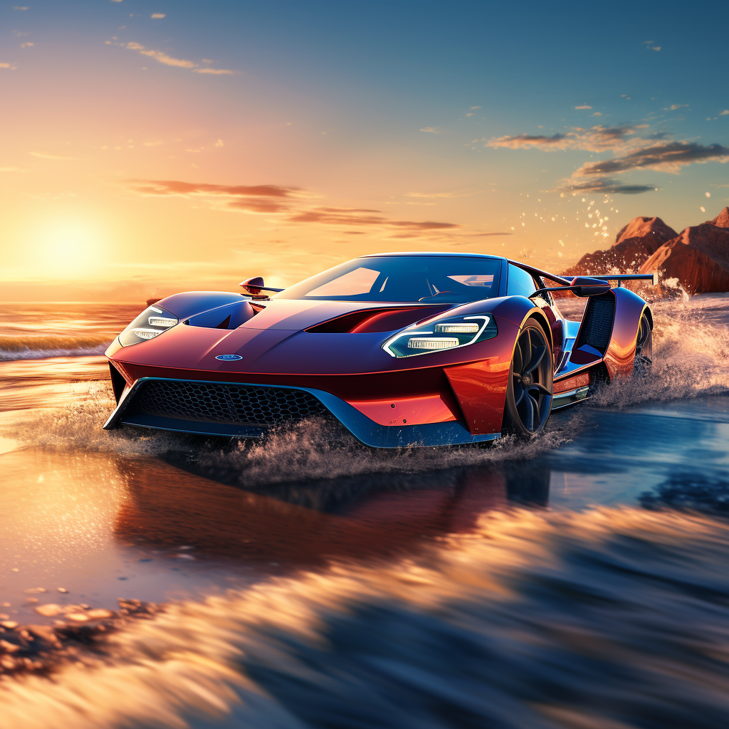 Photorealistic image of a Ford GT racing on the ocean at dawn