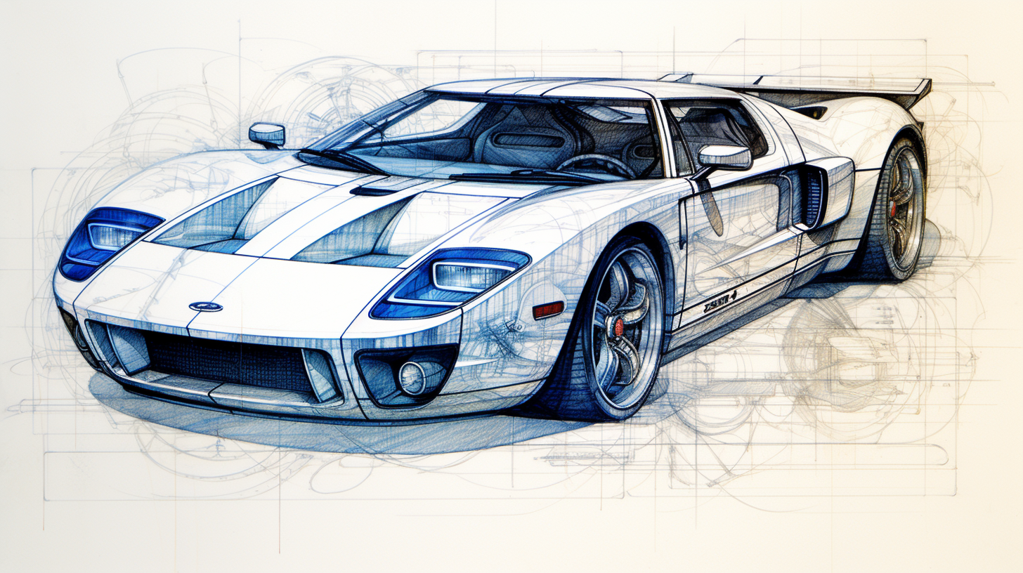 Pencil sketch of Ford GT parts