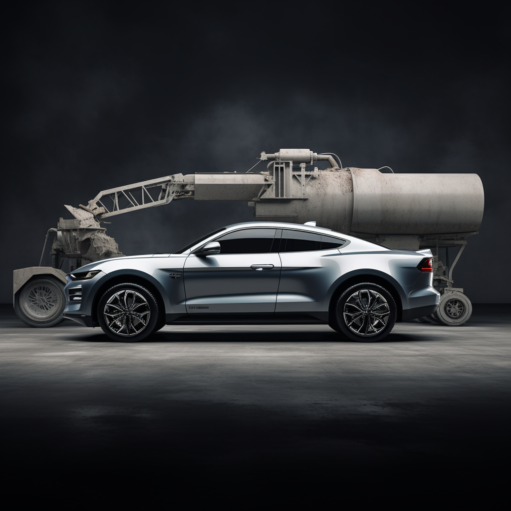 Ford Mustang EV next to Concrete Truck