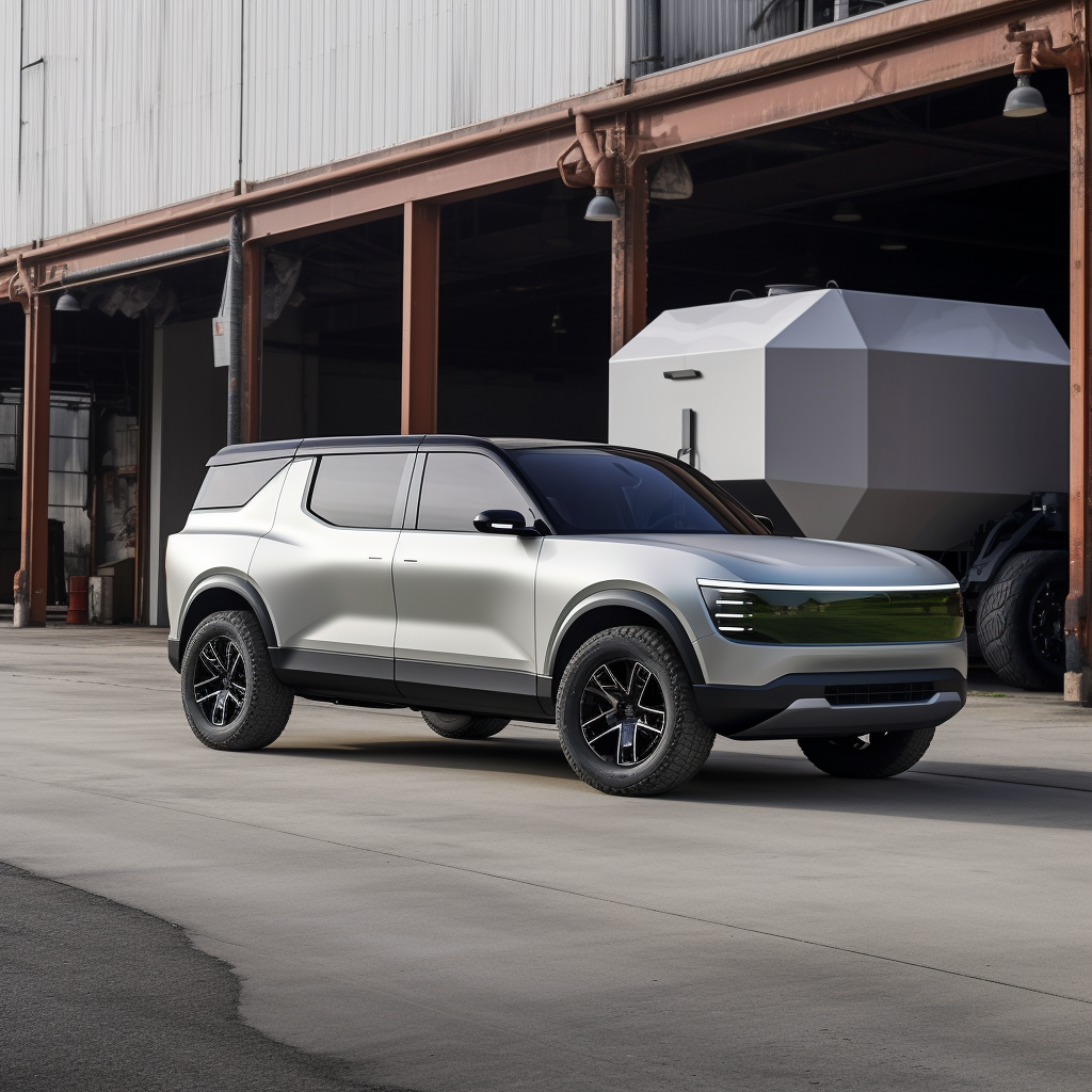 Ford Mustang EV SUV next to concrete truck