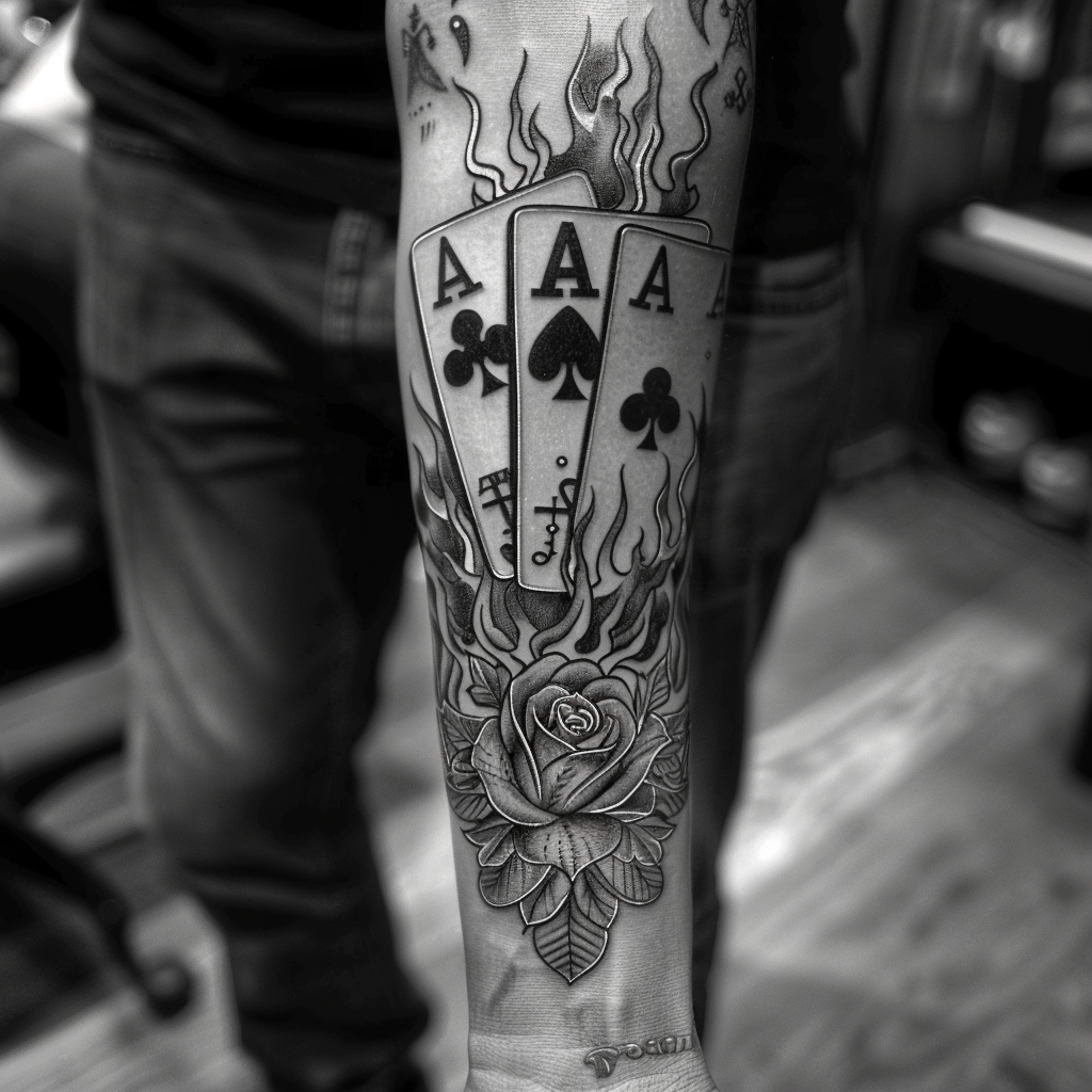 Man forearm tattoo poker aces