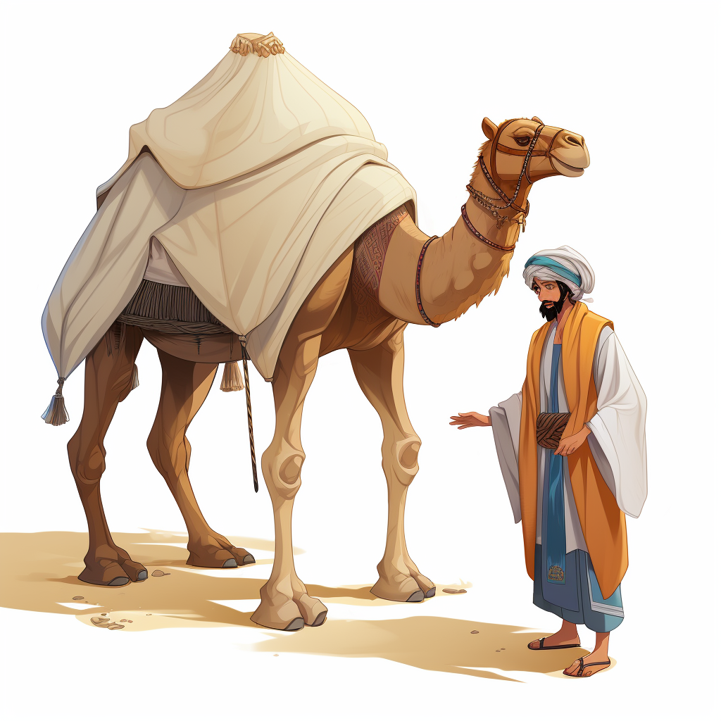 Isometric drawing of foreign merchant and beduin with camel