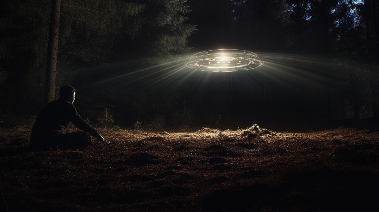 Man trying to escape UFO in dark forest