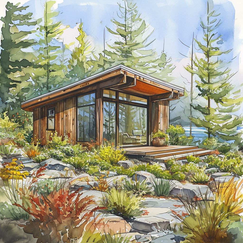 Watercolor rendering of forest cabin with vegetable gardens