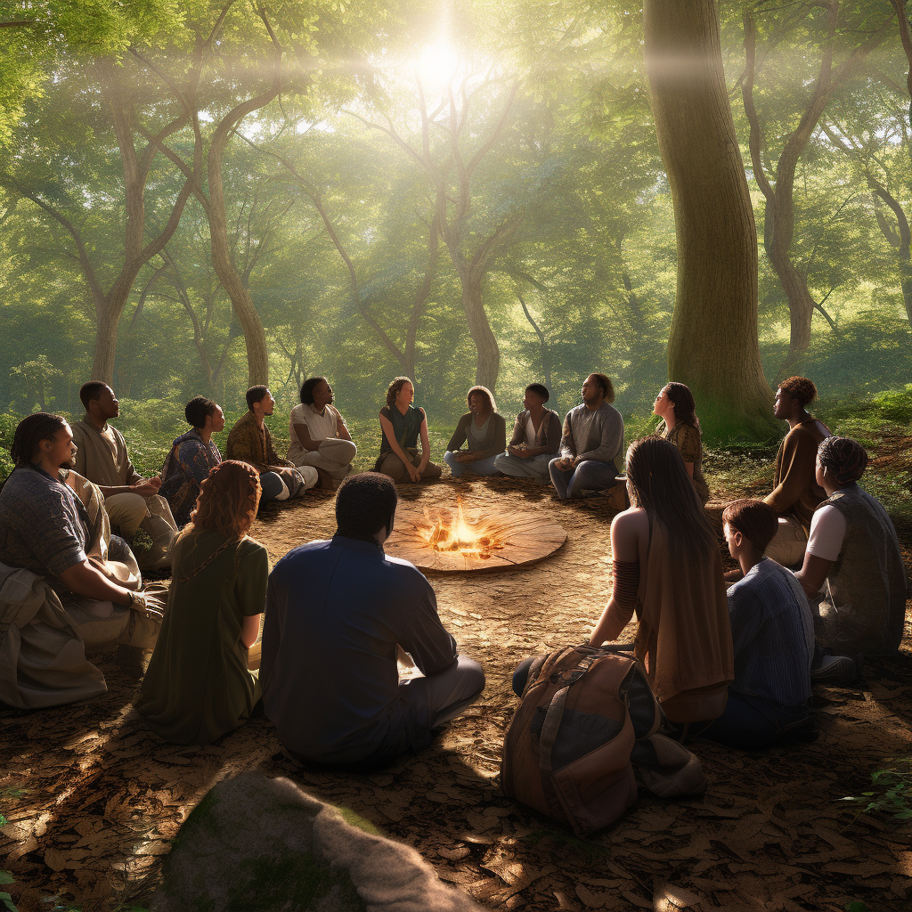 Diverse group forming circle in forest clearing with keys and books