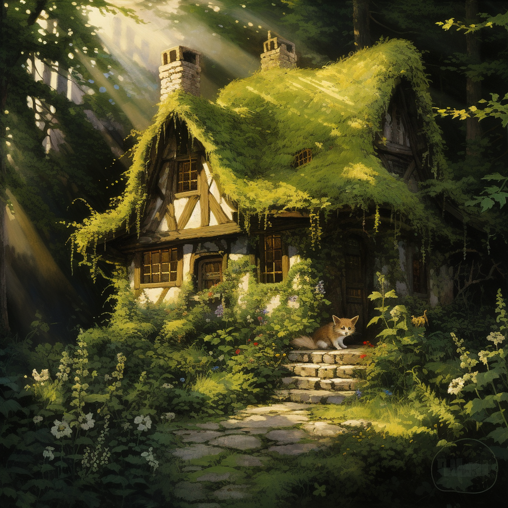 Serene forest cottage with cat in window