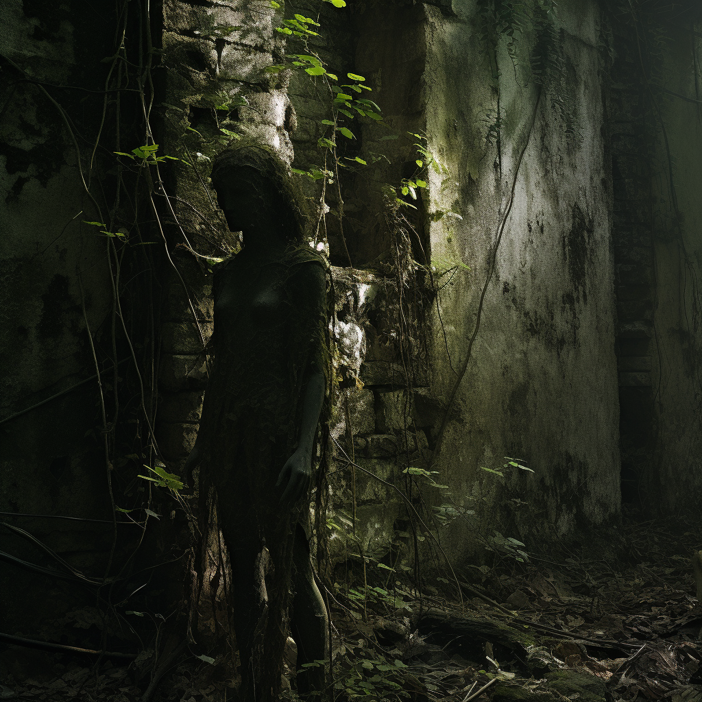 Overgrown forest with concrete wall shadow