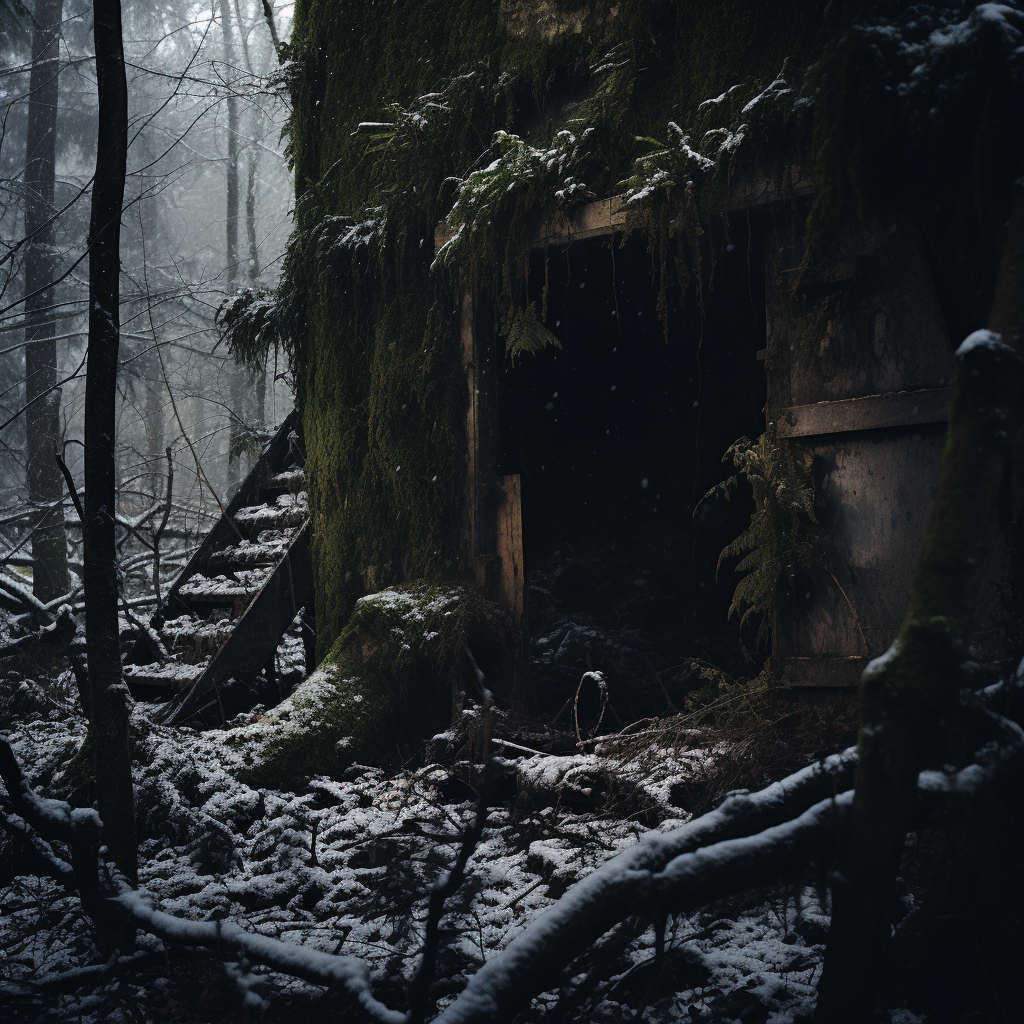 Mysterious forest with crumbling snowshed