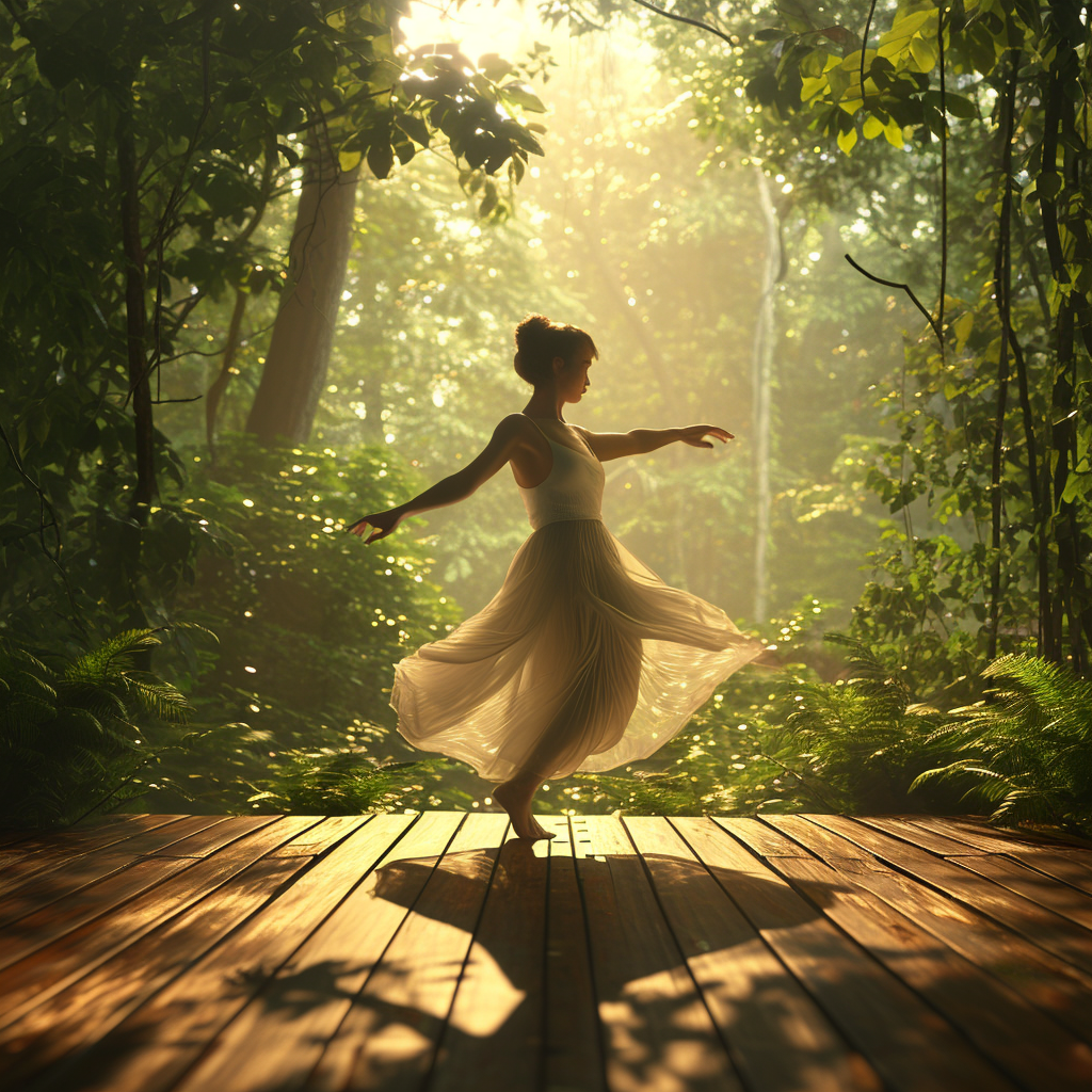 Woman dancing in green forest