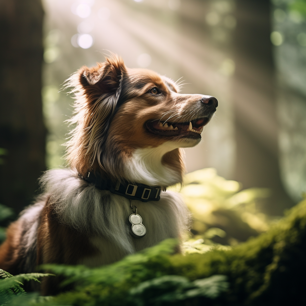 Dog with GPS tracker collar sniffing tree