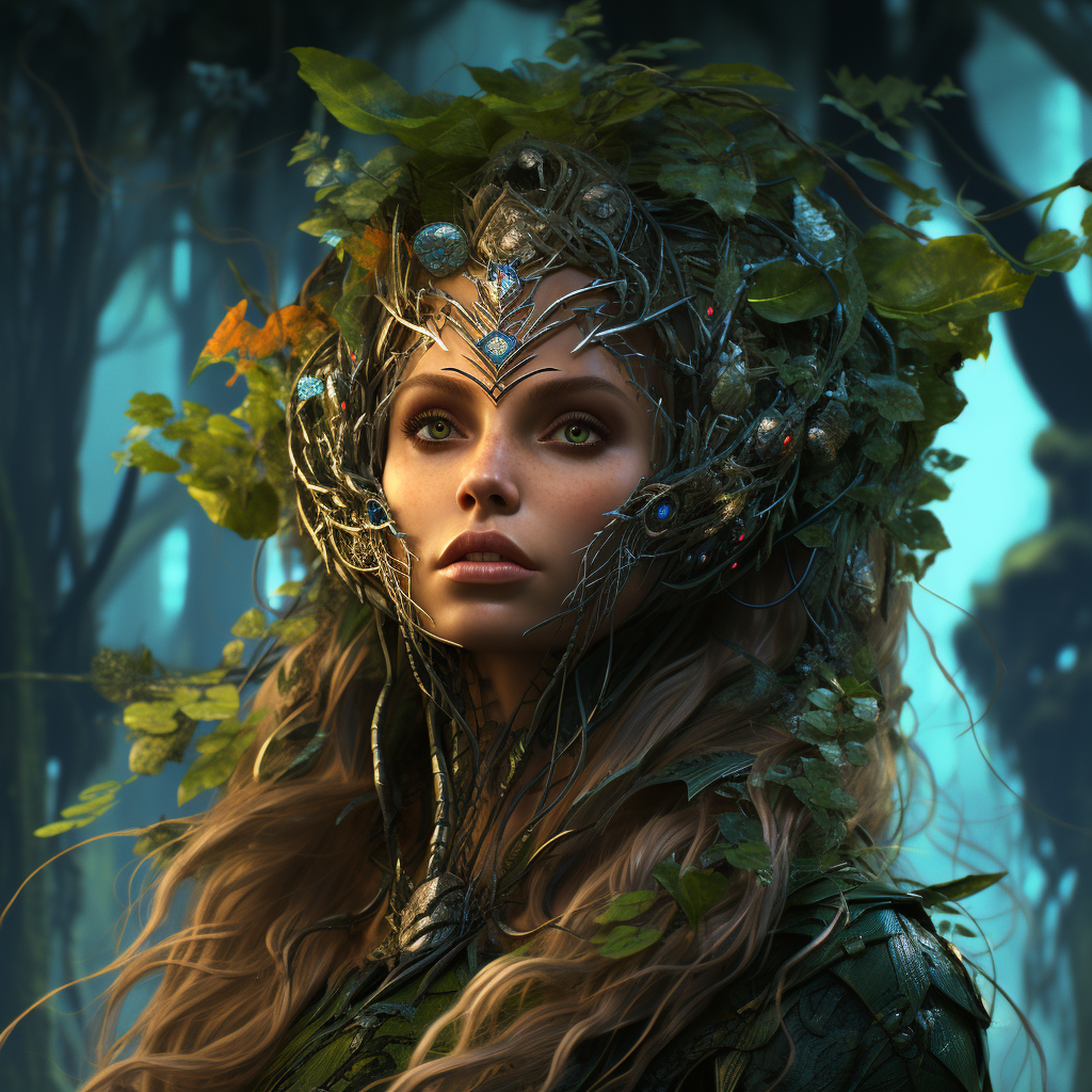 Woman enveloped in magical forest