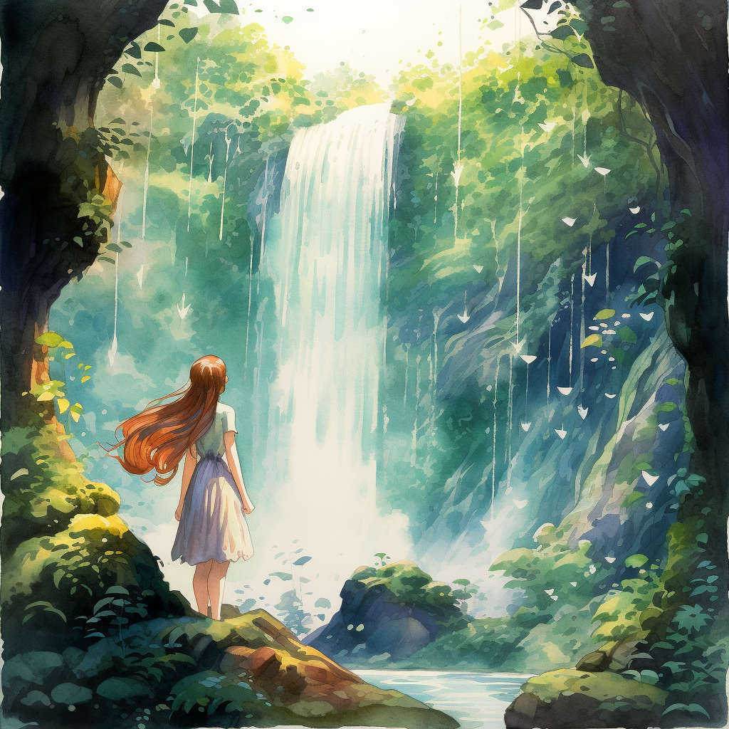 Beautiful forest fairy at crooked waterfall