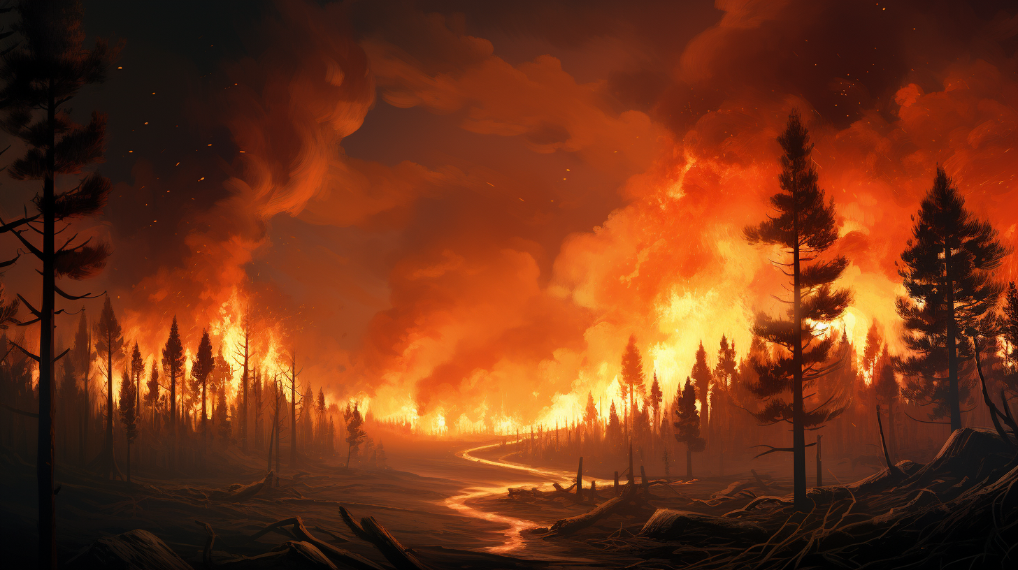 Massive forest fire blazing through the trees