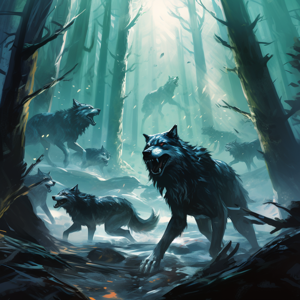 Majestic pack of wolves in a forest