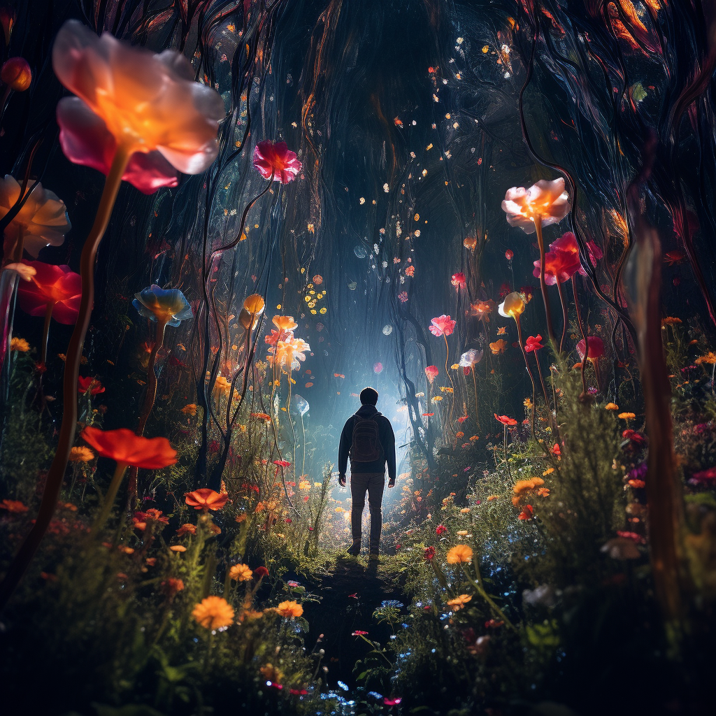 Man walking through stunning bioluminiscent flower forest